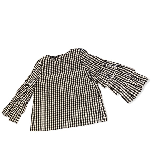 Lafayette 148 New York Revina Ruffle-Sleeve Poplin Plaid Blouse Large - Picture 8 of 14